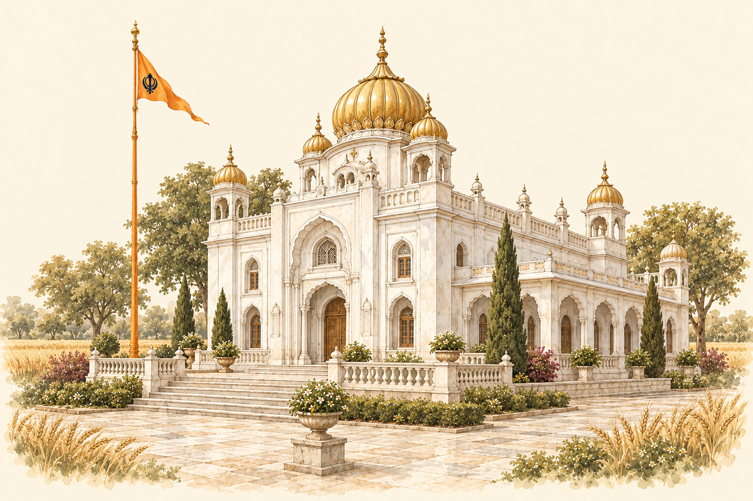 Watercolour illustration of a Punjabi Sikh gurdwara